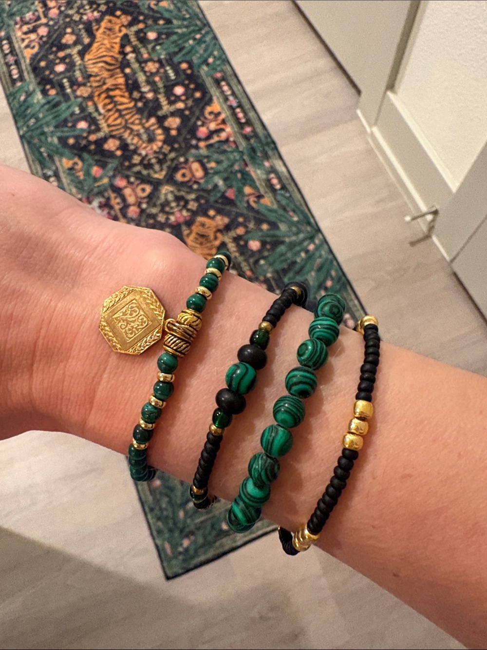 4-Piece Malachite & Black Beaded Bracelet Stack - Women Jewelry